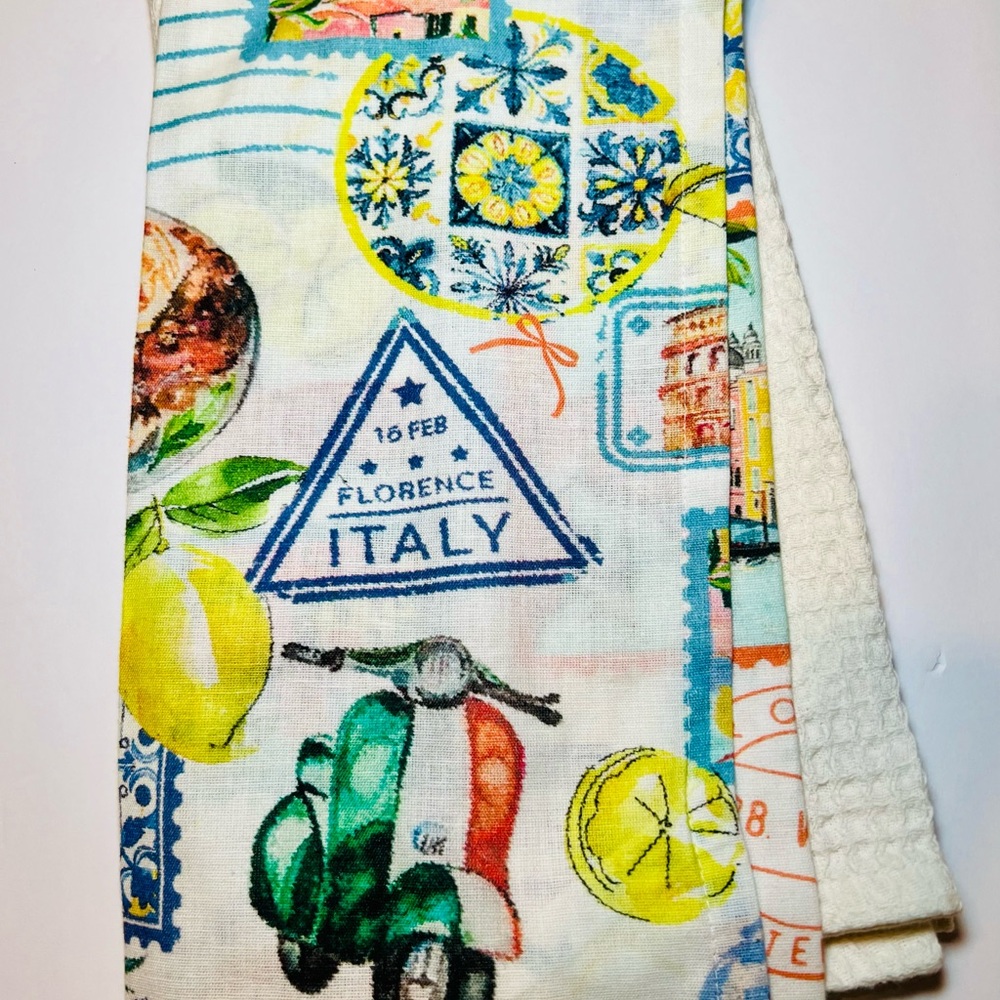 2 Italian Theme Kitchen Tea Towels Lemons Amalfi Coast Landmarks Food Postmarks - Picture 11 of 12